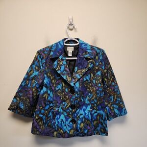 Chicos 1 Floral Watercolor Lined Crop Blazer Button Down Jacket w3